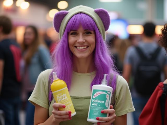 コスプレ会場で笑顔のレイヤーが製品を手に持つ写真